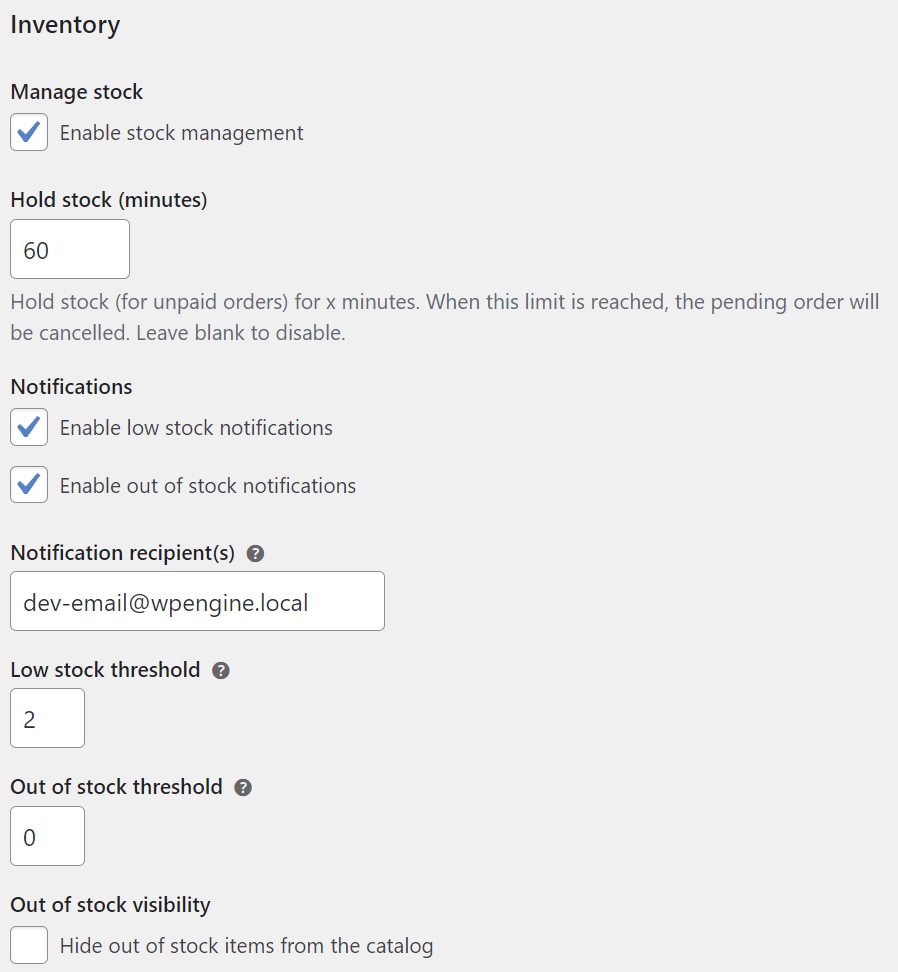 Página de Inventario (Inventory) en WordPress